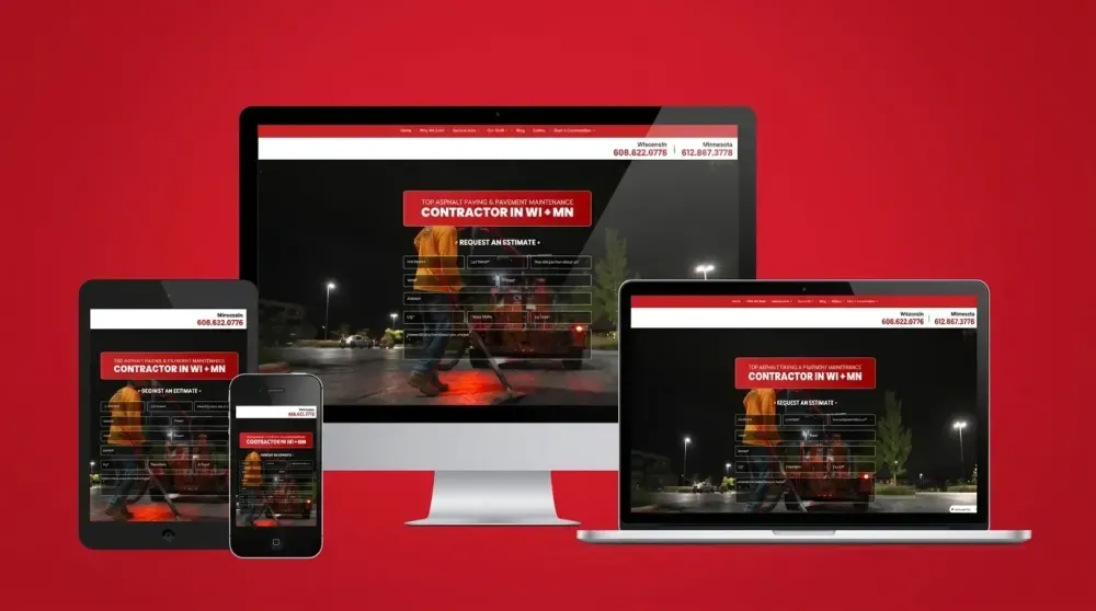 Roofing contractor website design displayed on desktop, tablet, and mobile devices
